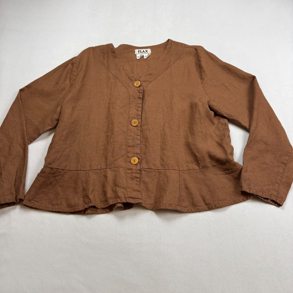 FLAX 100% Linen Button Down Peplum Jacket Brown V-Neck Lagenlook Large